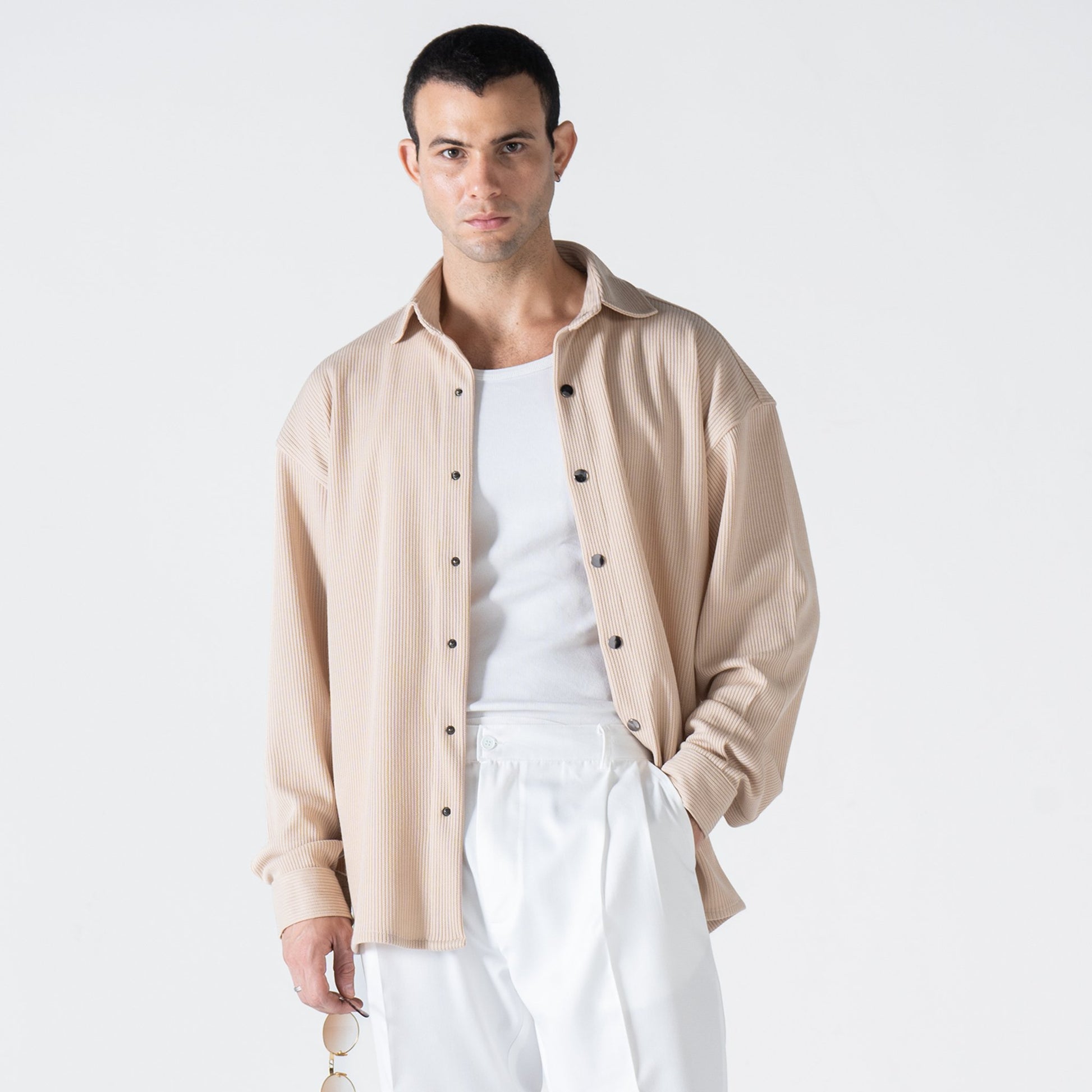 Beige Ribbed Long Sleeve Shirt - oddegypt