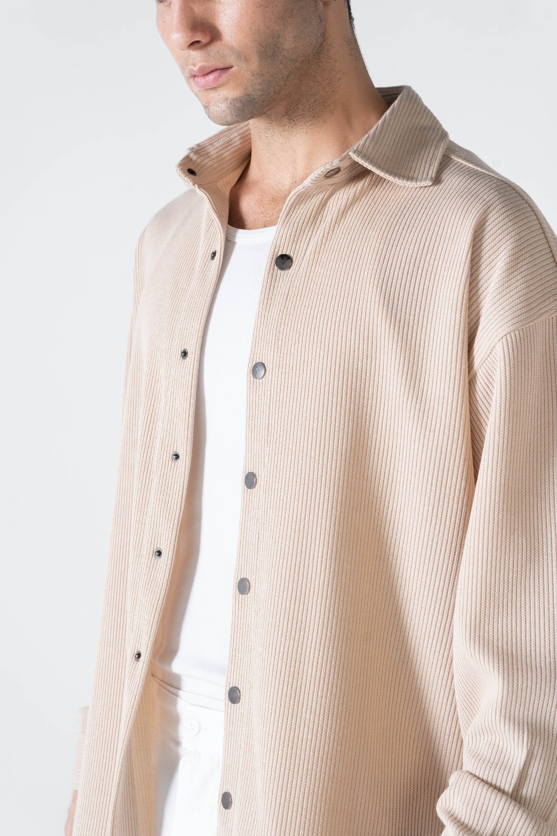 Beige Ribbed Long Sleeve Shirt - oddegypt