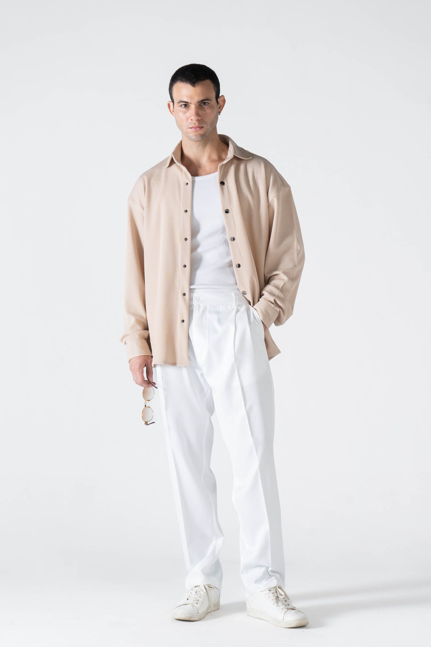 Beige Ribbed Long Sleeve Shirt - oddegypt