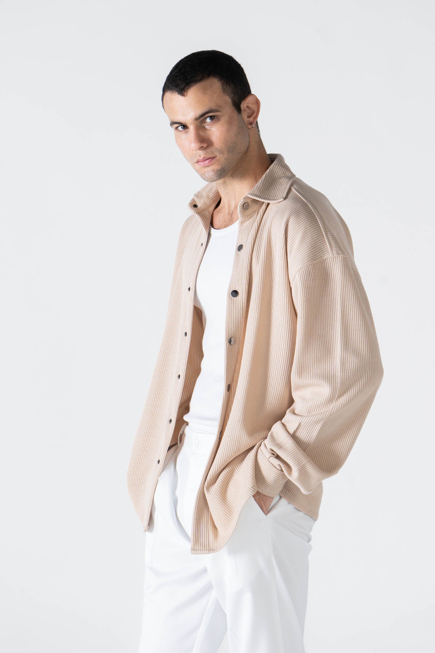 Beige Ribbed Long Sleeve Shirt - oddegypt