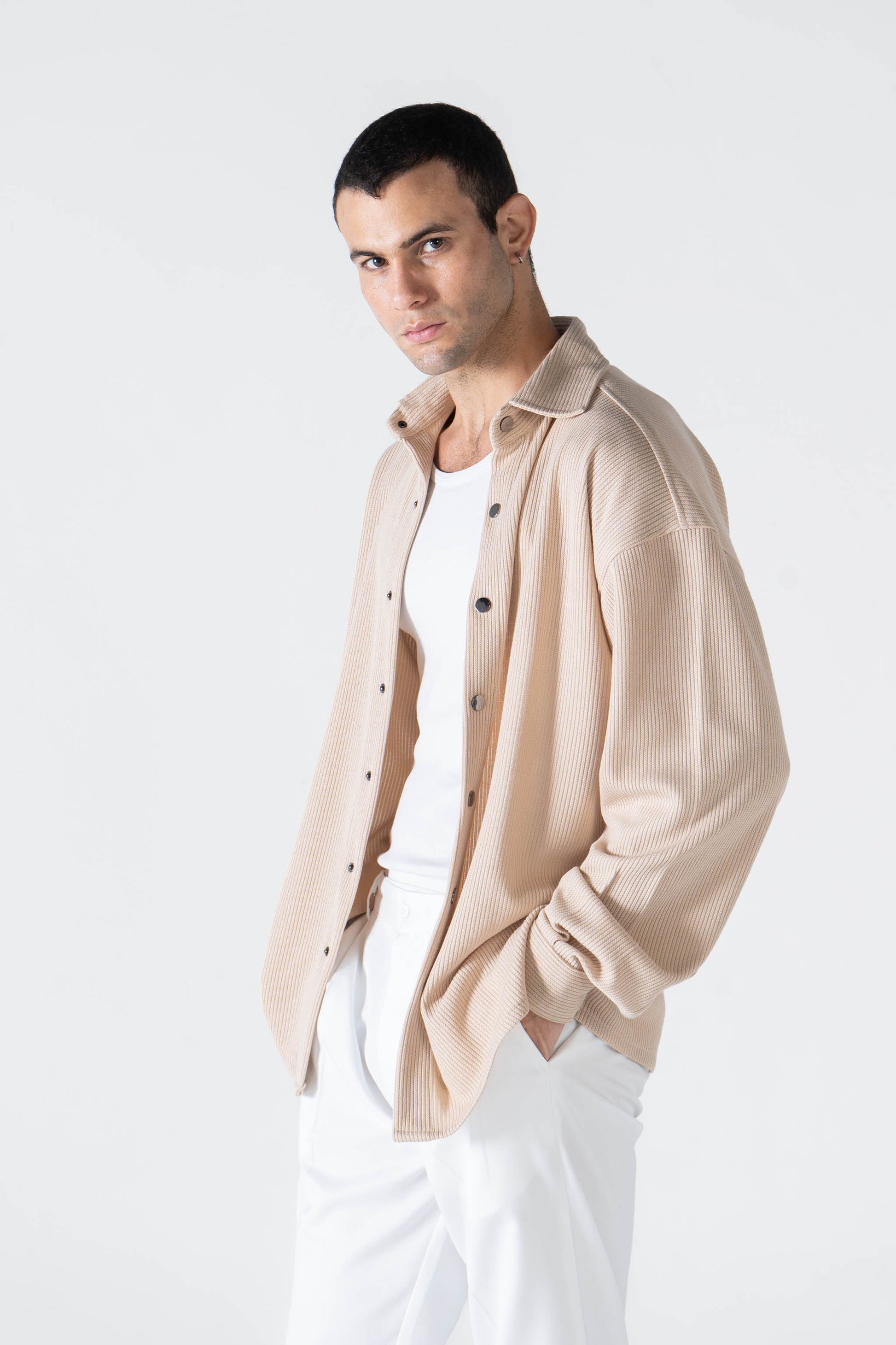 Beige Ribbed Long Sleeve Shirt - oddegypt