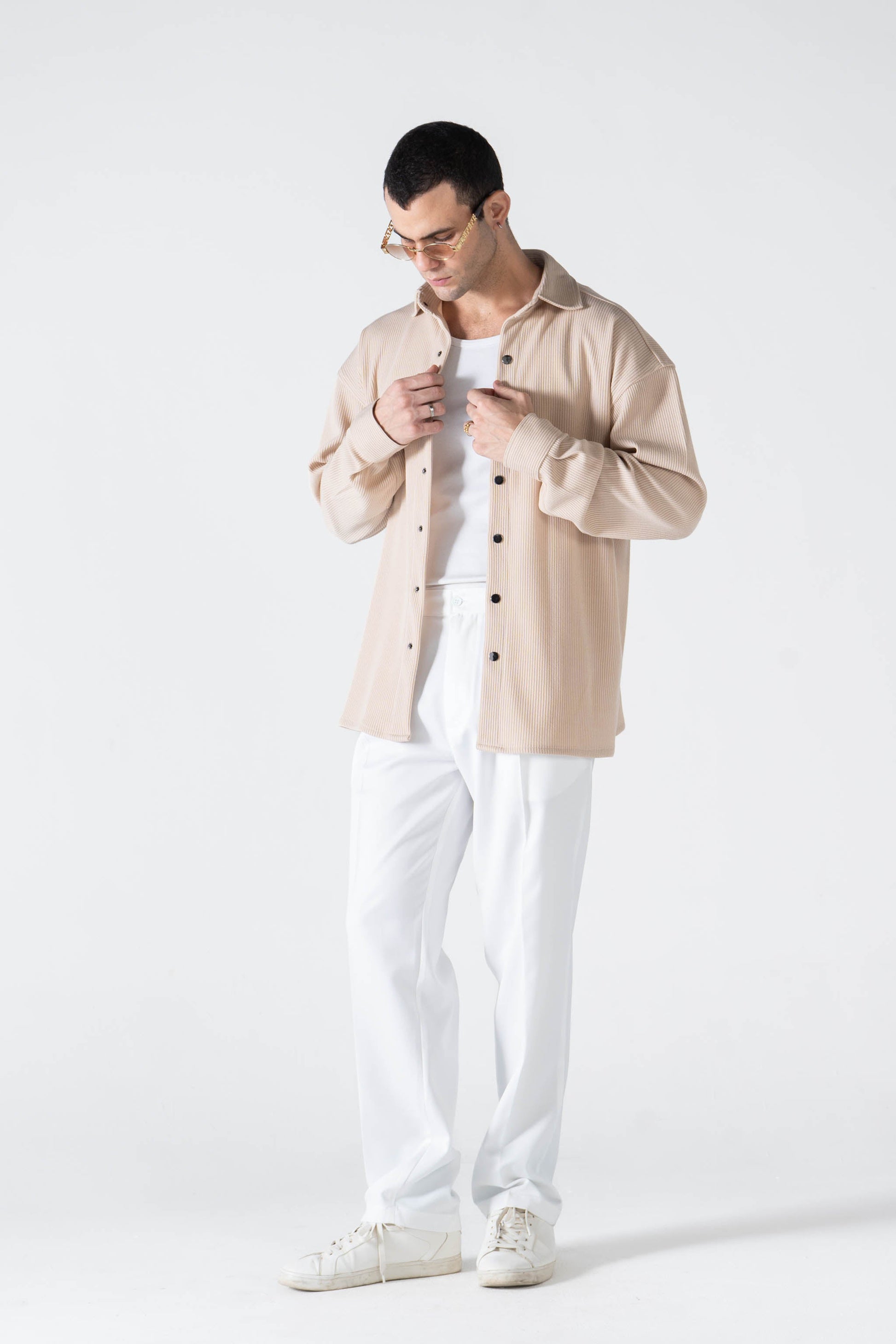 Beige Ribbed Long Sleeve Shirt - oddegypt