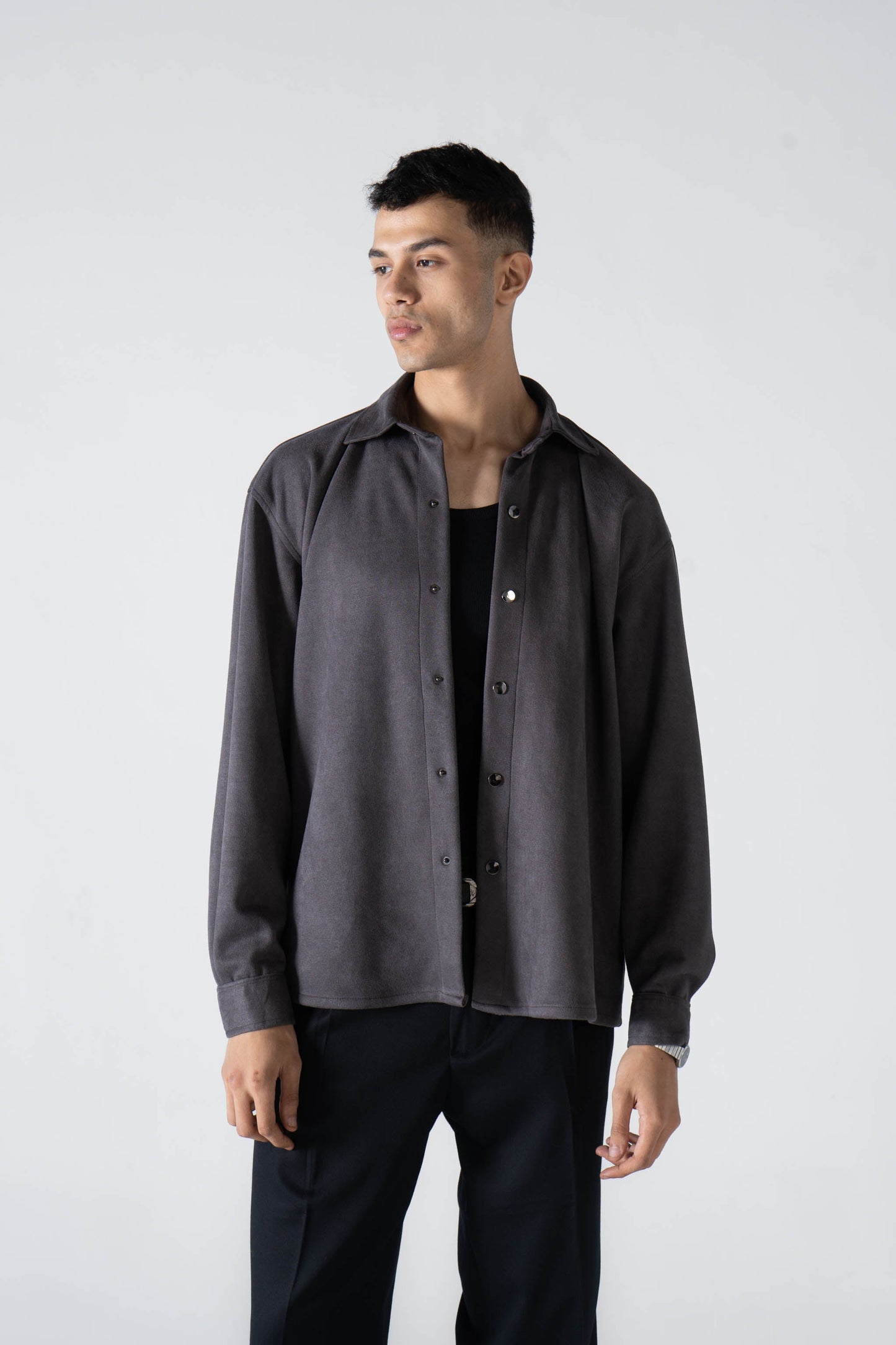 Grey Suede Long Sleeve Shirt - oddegypt