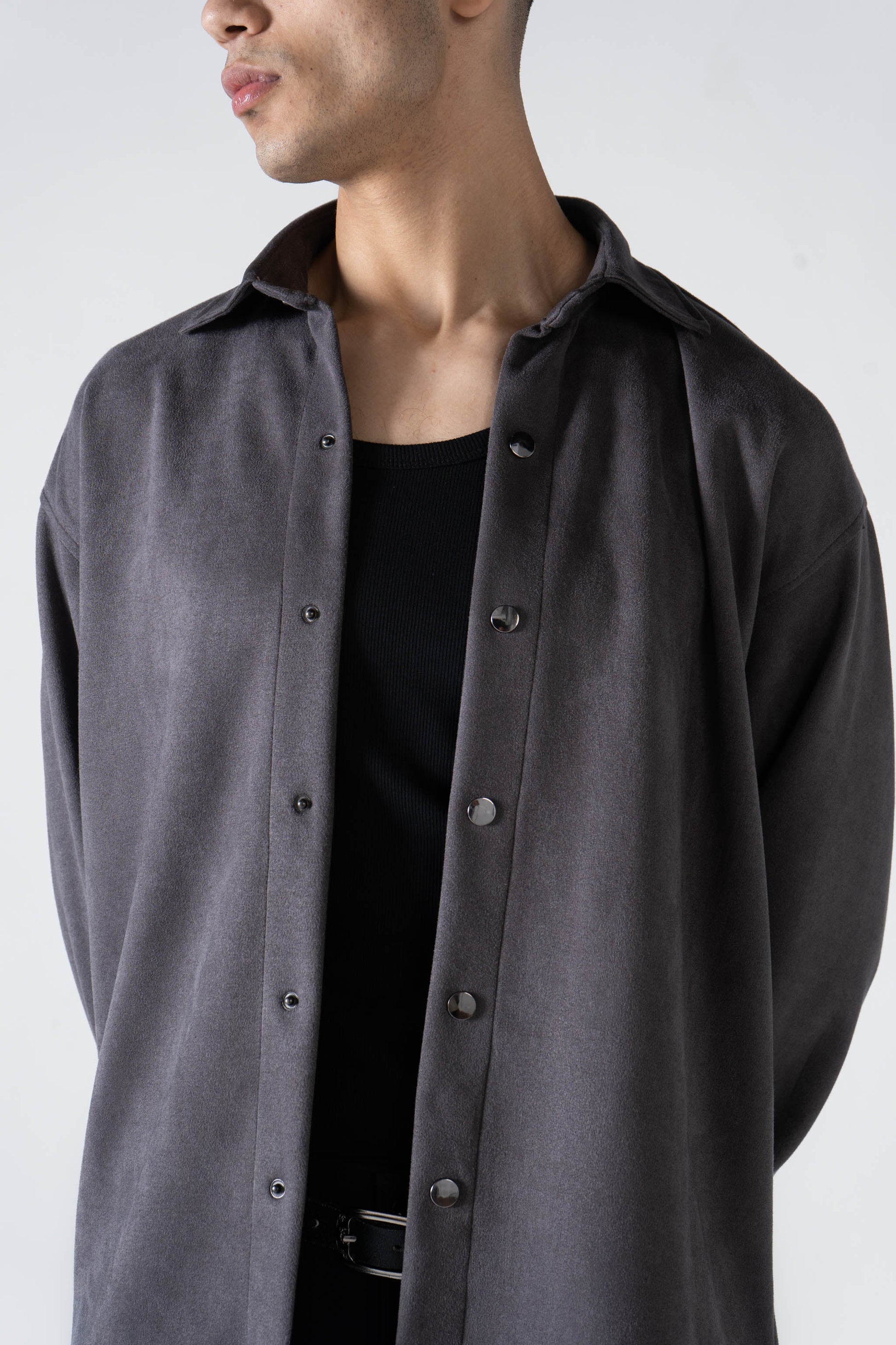 Grey Suede Long Sleeve Shirt - oddegypt