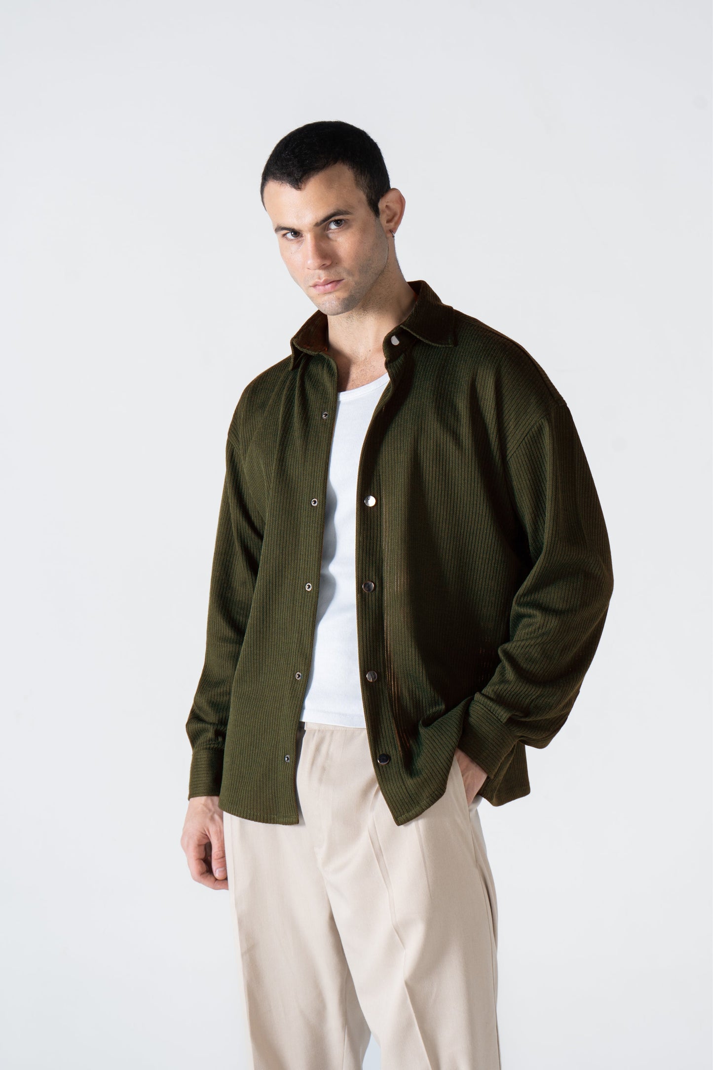 Olive Ribbed Long Sleeve Shirt - oddegypt